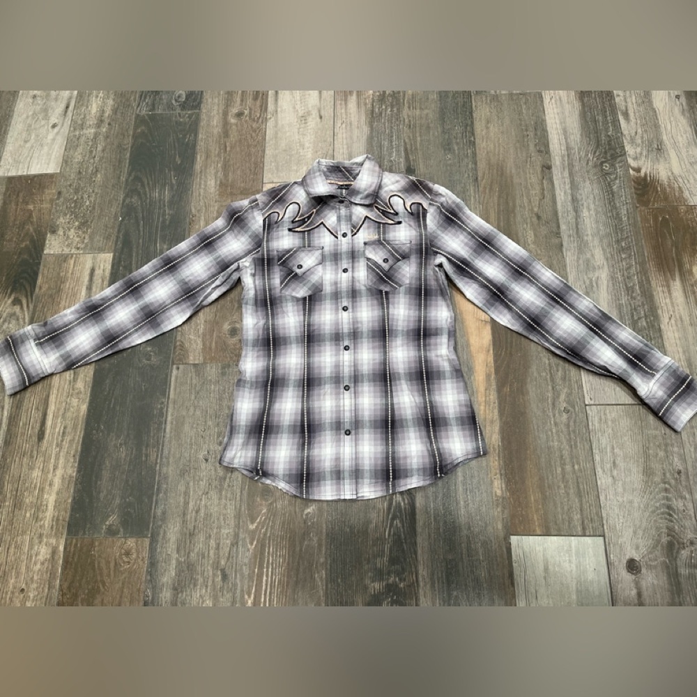 Cruel Girl Pearl Snap Western Plaid Shirt Sz Small Gray, Pink Embordiery Yoke
